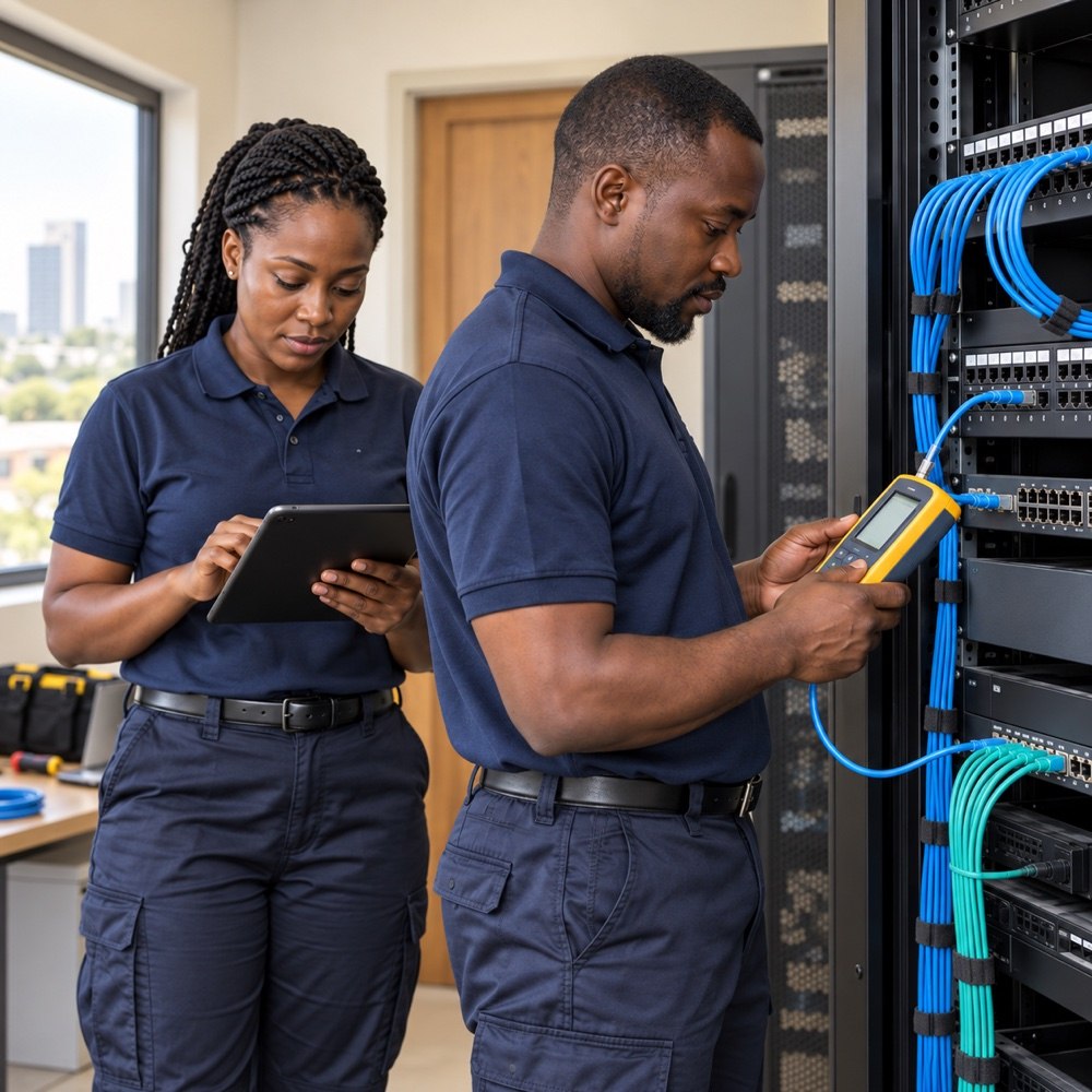 Technicians testing a structured network cabinet