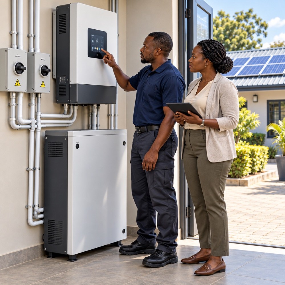 Technicians reviewing a solar inverter and battery installation